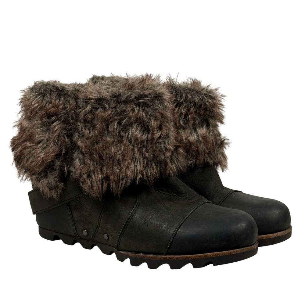 Sorel Joan of Arctic Womens 8‎ Wedge Mid Black Leather Faux Fur Boots NL1984-010